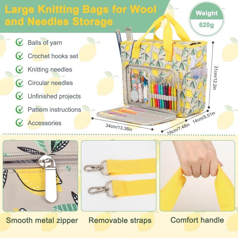Aeelike Yarn Storage Organizer Travel Crochet Bag, Large Capacity Tote Bag Knitting Bag for Carrying Projects, Knitting Needles, Crochet Hooks and Yarn, Fruit Yellow Lemon - Image 5